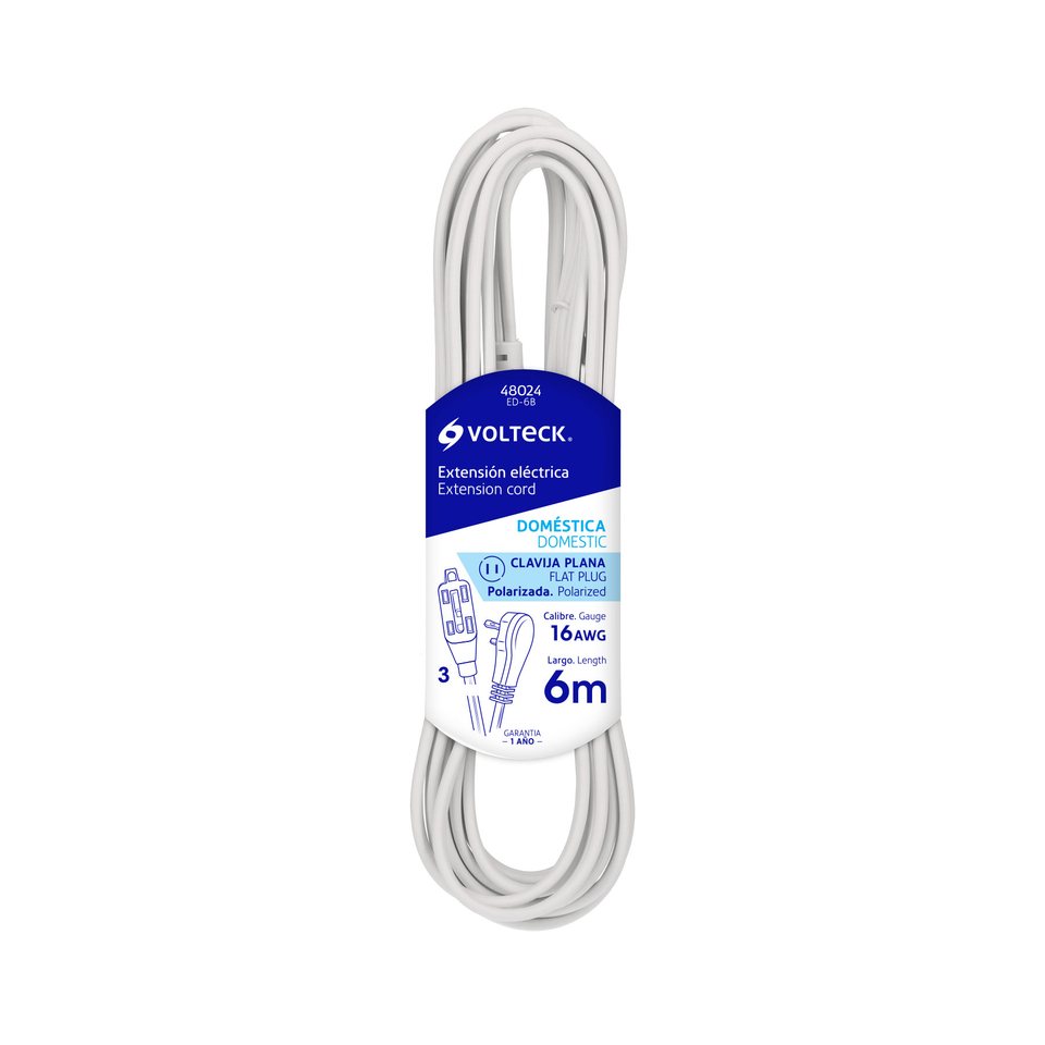 Volteck Extensión eléctrica doméstica 6 m clavija plana, blanca