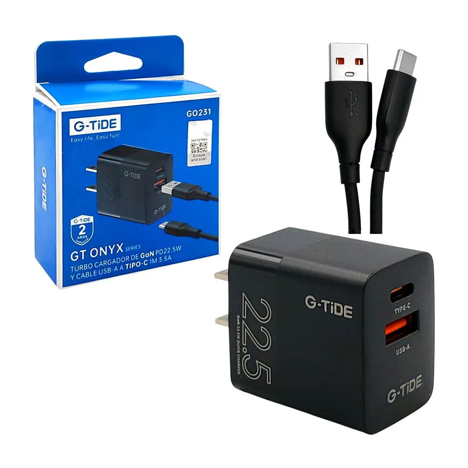 Cubo cargador g-tide con puerto usb-tipo c y cable con entrada usb a tipo c + bolsa funda color negro