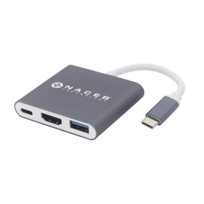 Adaptador Tipo C a HDMI + USB 3.0 + PD Naceb Technology NA-0111, Plata, USB C, HDMI + USB 3.0 + PD 