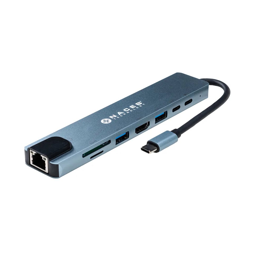 HUB Naceb 8 en 1, USB Tipo C a HDMI, USB Tipo A, USB Tipo C, Lector SD, Lector TF, RJ-45, Color Gris.