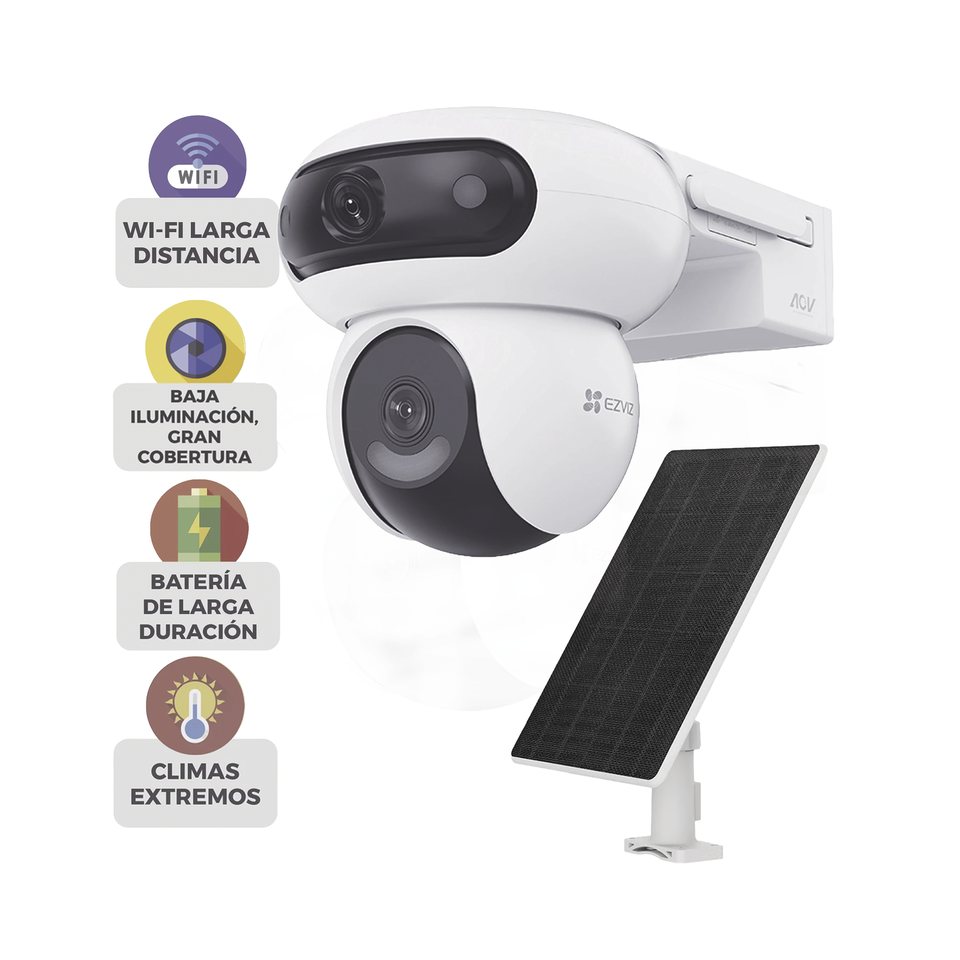KIT INCLUYE CÁMARA WI-FI 6 + 4G LTE CON PANEL SOLAR / DOBLE LENTE (4MP+4MP) / VISIÓN NOCTURNA COLORFULL / BATERÍA 10,400 MAH /  / IP65 EXTERIOR / IA DETECCIÓN HUMANA Y VEHICULAR / AUDIO BIDIRECCIONAL