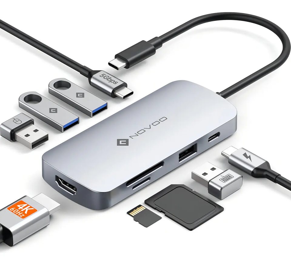 Novoo Hub 9 En 1 Adaptador Usb Tipo C A Hdmi 4k Con 3 Puertos Usb 3.0 Y Pd 100w Para Macbook Pro/air,iPad,portátil,Dell y Más Color Plateado