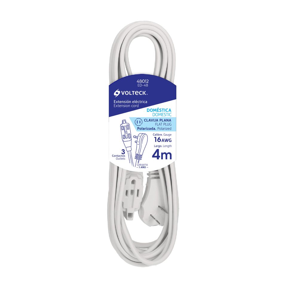 Volteck Extensión eléctrica doméstica 4 m blanca con clavija plana 