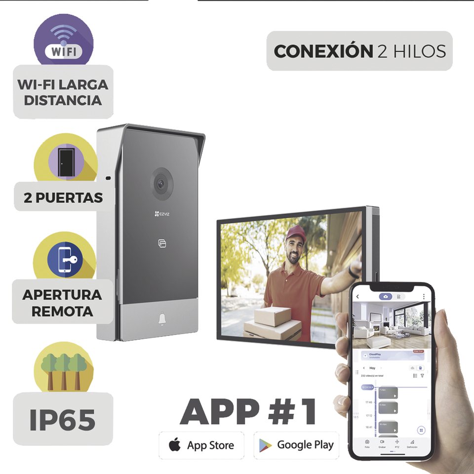 VIDEOPORTERO IP CONEXIÓN A 2 HILOS / CON MONITOR WI-FI PARA INTERIOR / FRENTE DE CALLE  IP65 USO EN EXTERIOR DEBE TENER PROTECCIÓN / CÁMARA 3 MEGAPÍXEL / LLAMADA A LA APP / APERTURA REMOTA  / APERTURA DE 1 PUERTA Y UN 1 PORTON