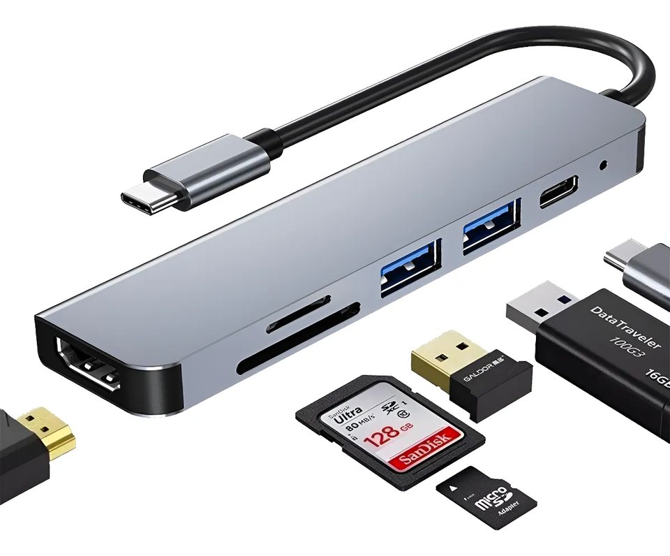 Adaptador Tipo C 6 En 1 Usb Ac Hdmi 4k Ethernet Para Ordenador