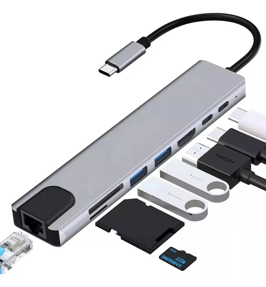 Adaptador Usb C Hub Usb 8 En 1 Multipuerto Hub Puertos Splitter Accesorios, Compatibilidad Con Sd/tf Card, Para Macbook Pro Mac iPad Portatil Laptop Computadora Concentrador 8 En 1 Girs