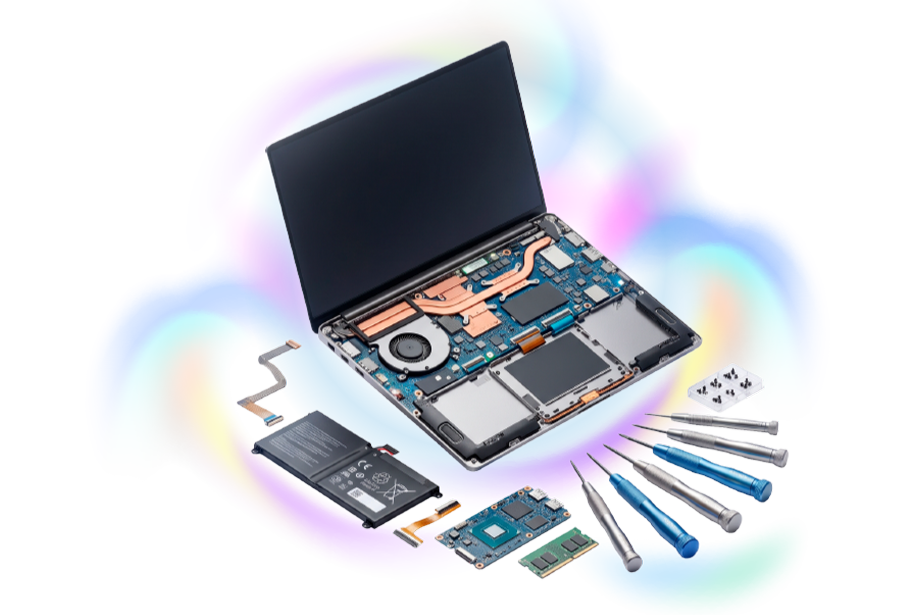 Laptop abierta con componentes y herramientas de reparación