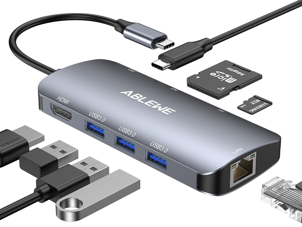 HUB (ADAPTADOR) USB - C / 8 EN 1 / 1 SALIDA HDMI (4K) / 1 SALIDA USB 2.0 / 3 SALIDAS USB 3.0 / 1 SALIDA SD (MEMORIA SD) / 1 SALIDA TF (MICRO SD) / 1 ENTRADA USB - C (CARGA RAPIDA / 100 WATTS)
