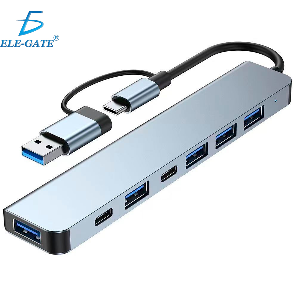 Hub adaptador con 7 puertos, 2 usb-c, 5 usb, con salida tipo c y adaptador usb