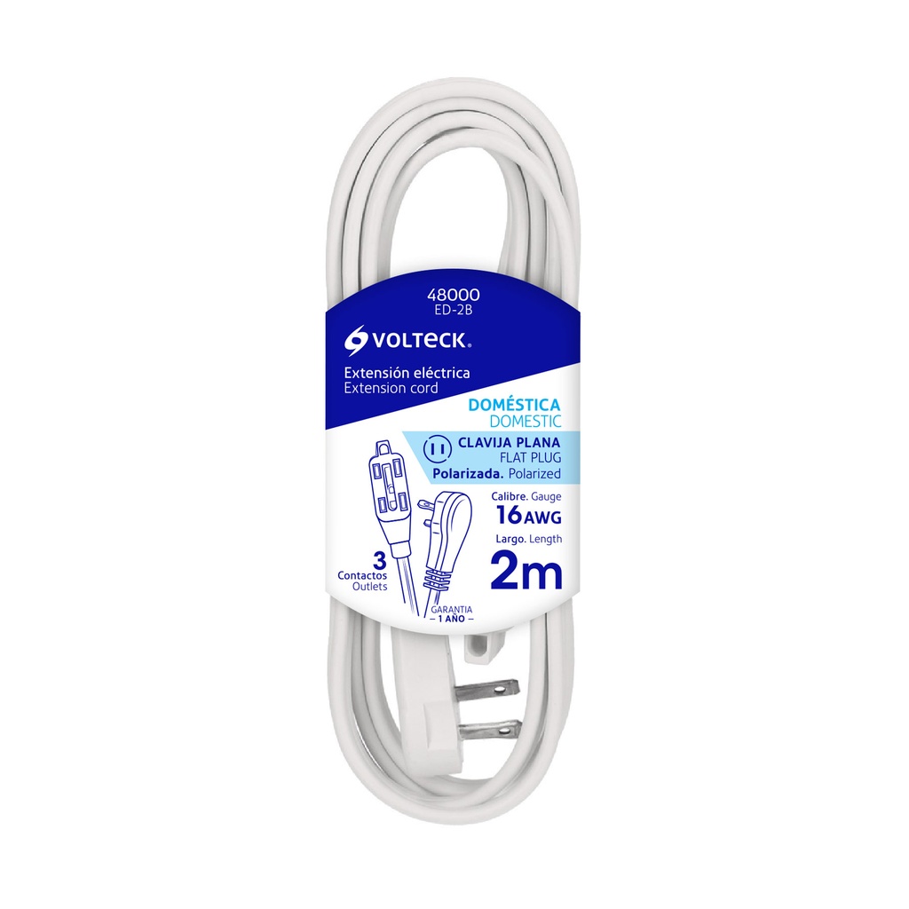 Volteck Extensión eléctrica doméstica 2 m clavija plana, blanca 