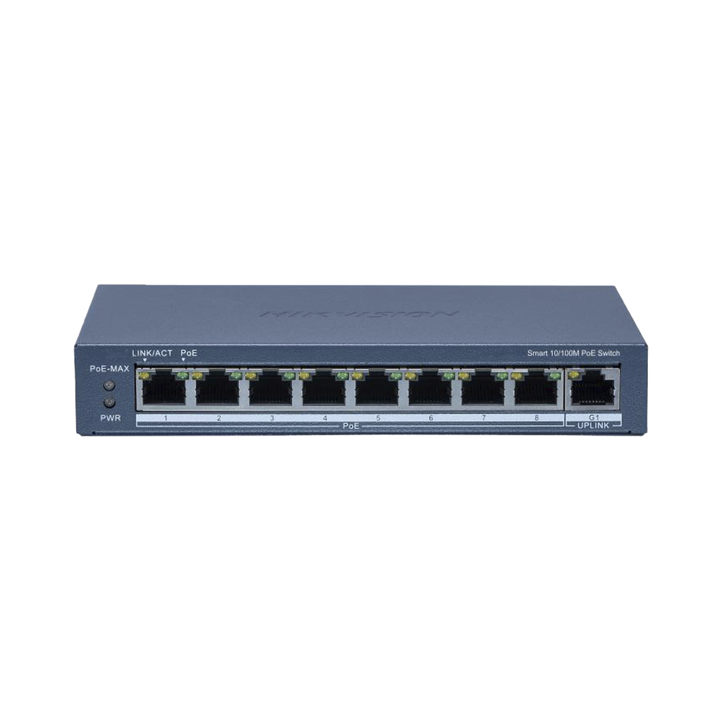 Switch PoE+ / Monitoreable / 8 Puertos 10/100 Mbps PoE+ / 1 Puerto 1000 Mbps Uplink / Configuración Nube Hik-Partner Pro / Modo Extendido hasta 300 metros / 60 W
