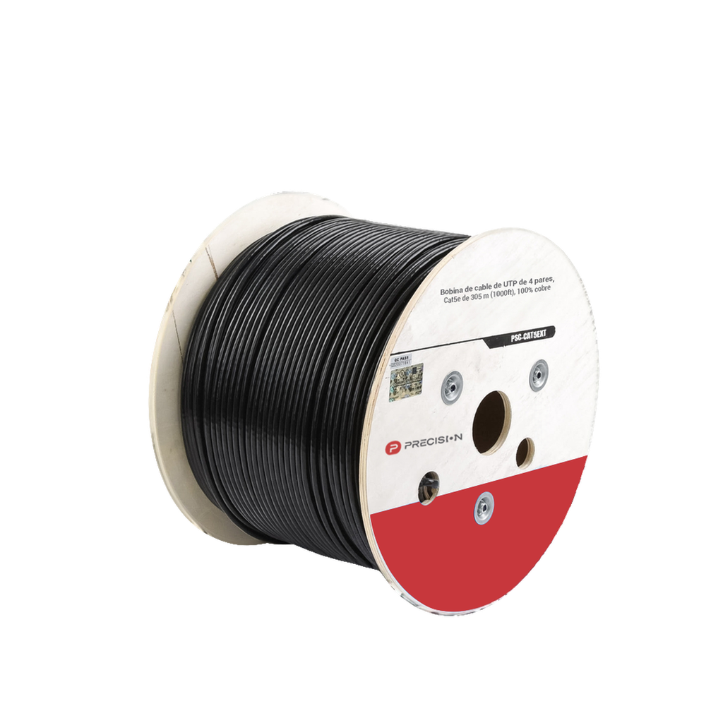 Bobina de cable de UTP de 4 pares Cat5e de 305 m (1000 ft), 100% Cobre, LDPE Resistente a rayos UV Relleno de Gel, Color Negro, 24 AWG, Uso en Exterior, Para Aplicaciones de Voz, Datos y Video
