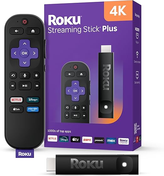 Roku Streaming Stick Plus - Dispositivo de transmisión Roku 4K y HDR para TV con control remoto de voz 