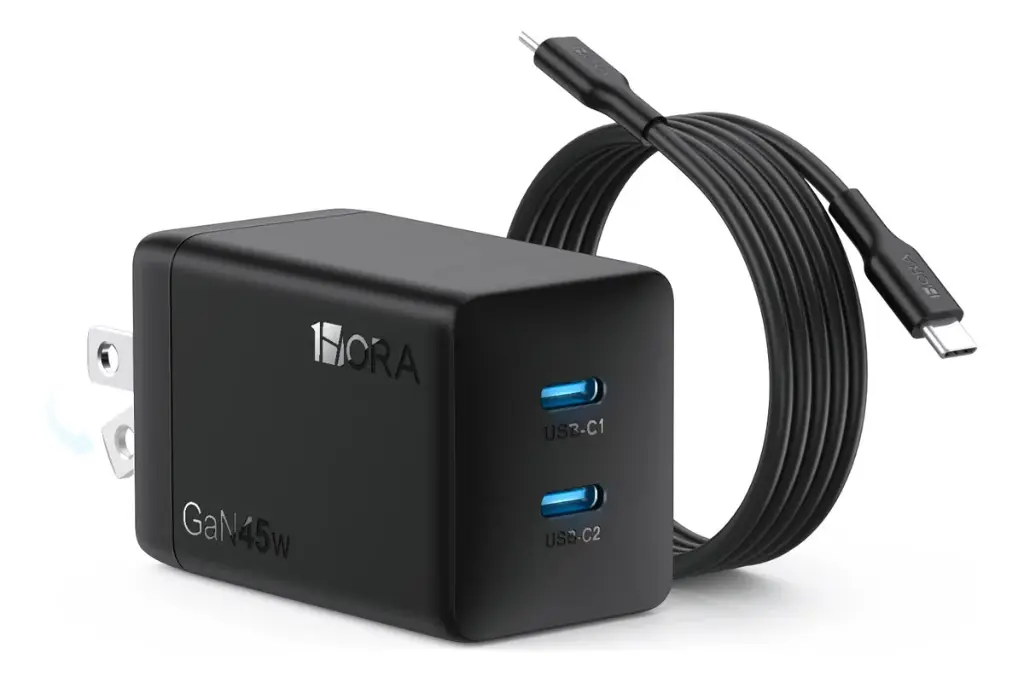 Cargador Rápido Gan 45w Dual Usb-c Con Cable C A C 1hora negro