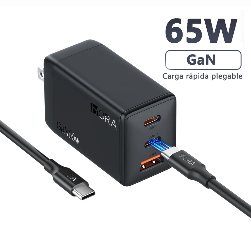 1Hora GaN Cargador 65W PD Adaptador De Carga Rápida 3 puertos
