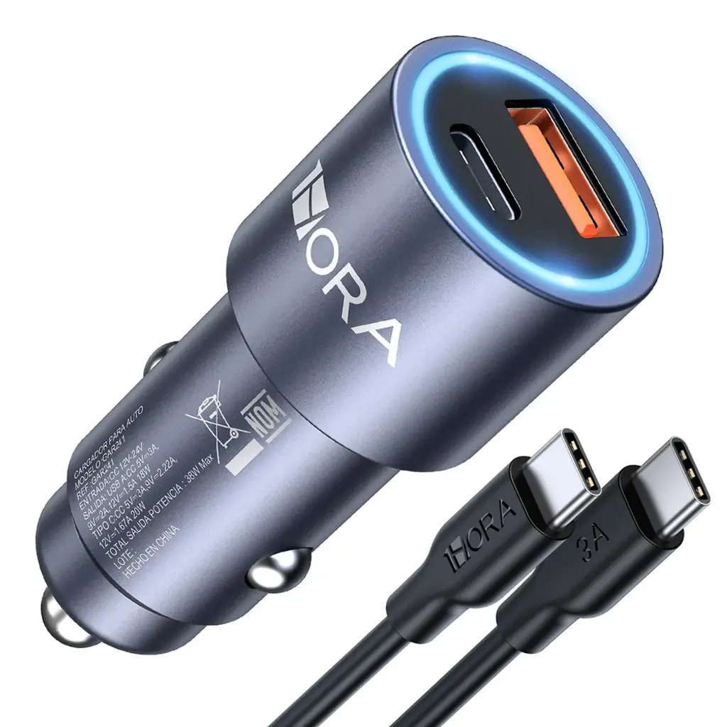 Combo: Cargador auto carga rápida 38W + Cable tipo USB-C, 1m 