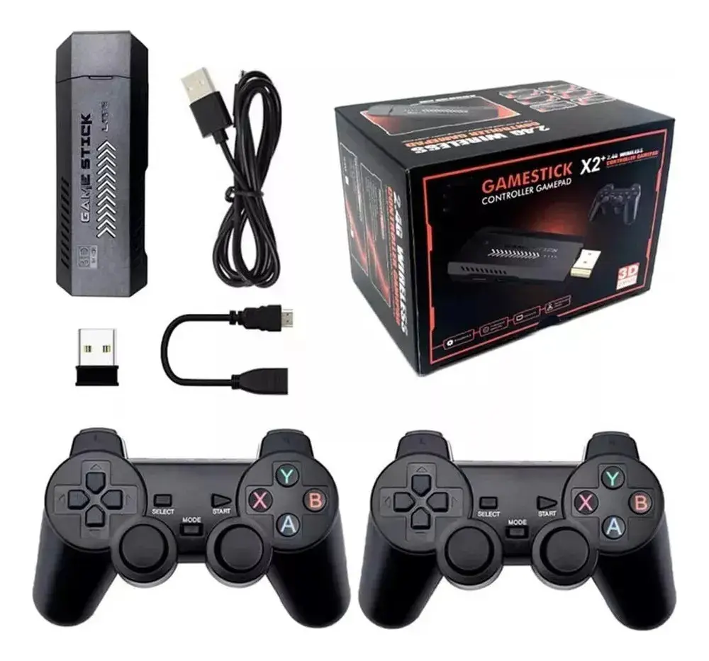CONSOLA GAME STICK DE JUEGOS RETRO 3D CON 2 CONTROLES INALAMBRICOS, 64 GB + 30,000 JUEGOS EMUELEC4.3