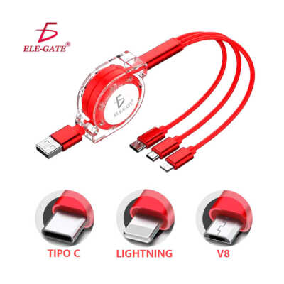 [755559943239] CABLE RETRACTIL USB 3 EN 1 CONEXION LIGHTNING/MICRO USB/TIPO C ELE-GATE WI.164 COLORES