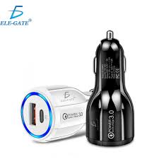 [755559946353] CARGADOR PARA AUTO ELE-GATE CH.96 CON 2 PUERTOS 1 PUERTO TIPO C+ USB 3.0 CARGA RAPIDA BLANCO 755559946322